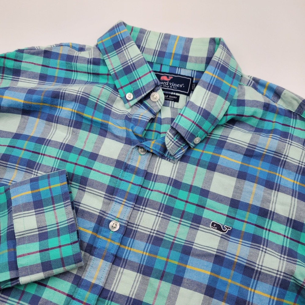 Vineyard Vines Slim Fit Whale Shirt Mens Large Blue Green Plaid Button Down L - Picture 1 of 7